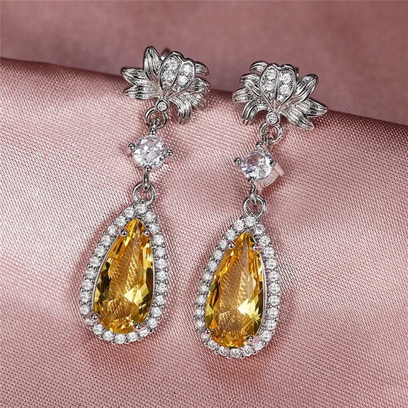 🪷Pear Cut Yellow Topaz &Cz Diamond Silver Lotus Flower post back Drop Earrings - Picture 5 of 6